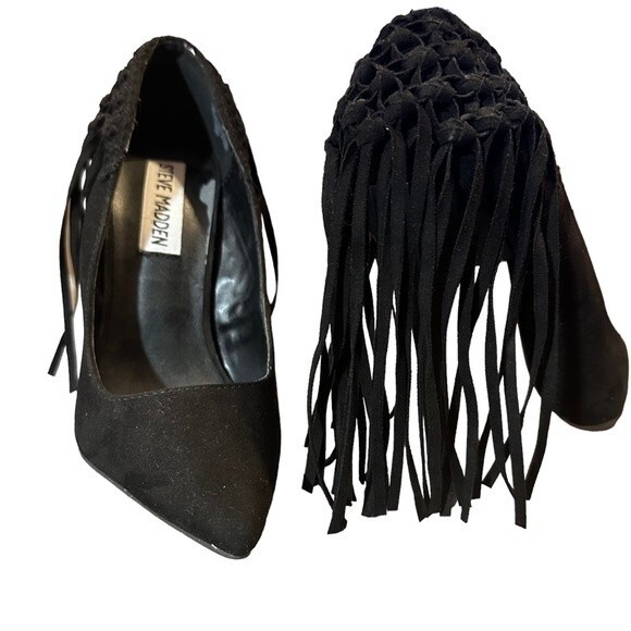 Steve Madden Tipsyy Black Suede Fringe Heels Sz 6 - Picture 1 of 8